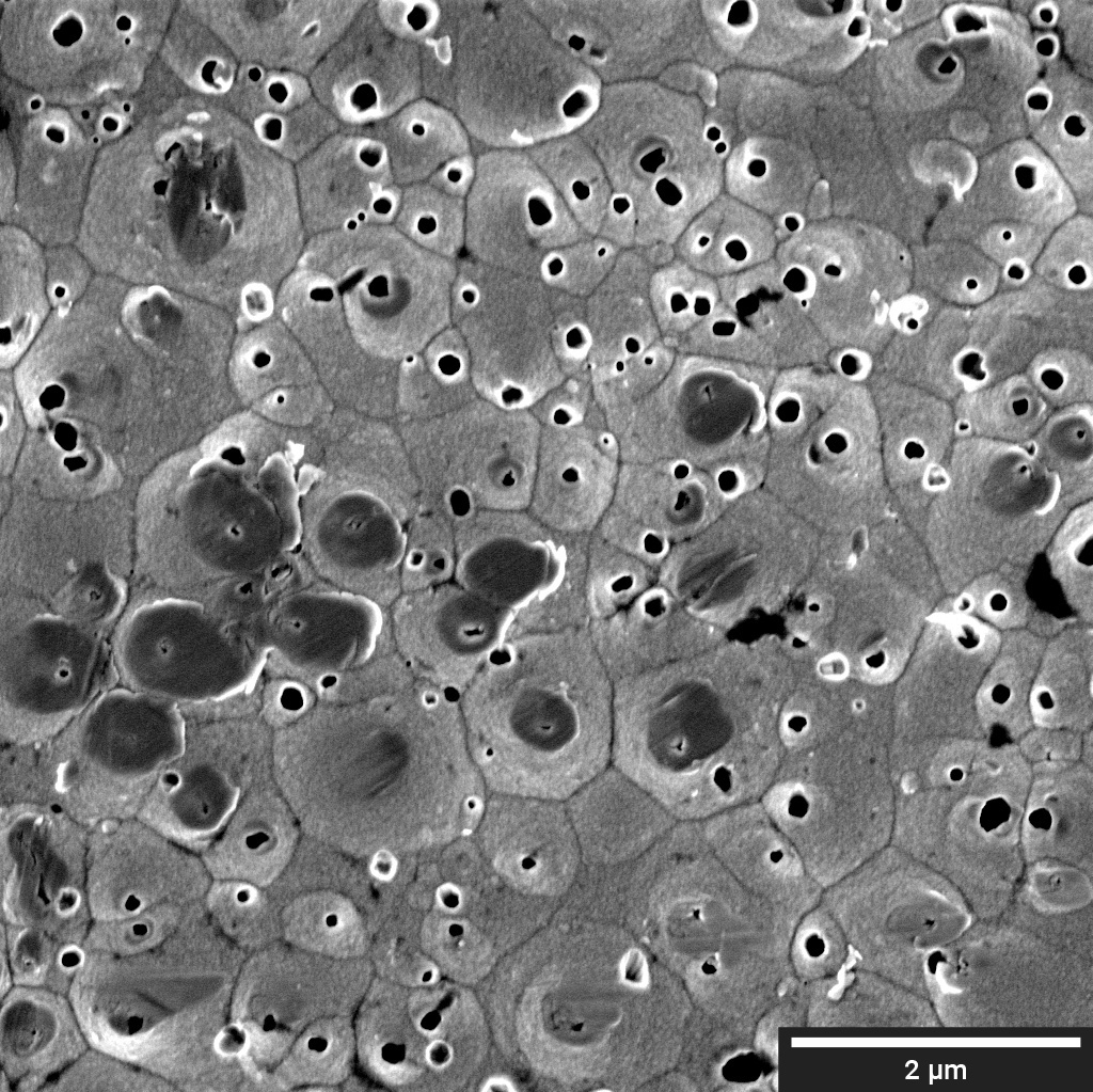 Corroded NiP coating imaged at 3 keV with SE(BDM) detector